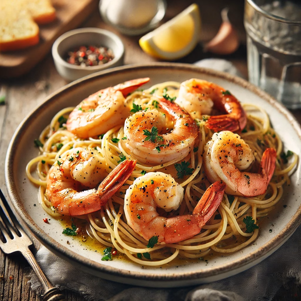 A beautifully plated dish of Garlic Shrimp Spaghetti. The dish features golden, sautéed shrimp with a slight char, resting on a bed of perfectly cooked spaghetti. The pasta is lightly coated in a glistening garlic butter sauce with hints of red pepper flakes and fresh parsley sprinkled on top. A wedge of lemon sits on the side of the plate. The background is a rustic wooden table with a glass of white wine and a side of garlic bread. Soft, natural lighting enhances the warm, inviting tones of the dish.