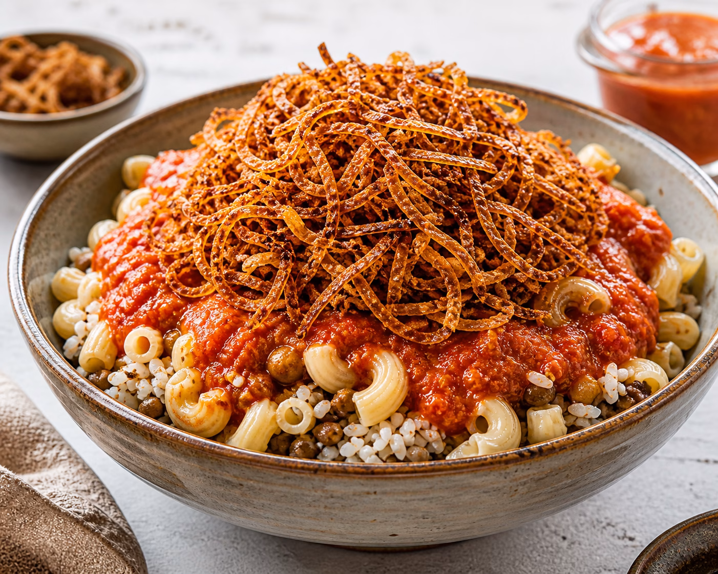 A high-resolution, overhead shot of a rustic bowl filled with Egyptian Koshari. Visible layers of rice, macaroni, and dark lentils are drenched in a rich, red tomato sauce. The dish is crowned with a massive, highly textured pile of golden-brown, crispy fried onions.